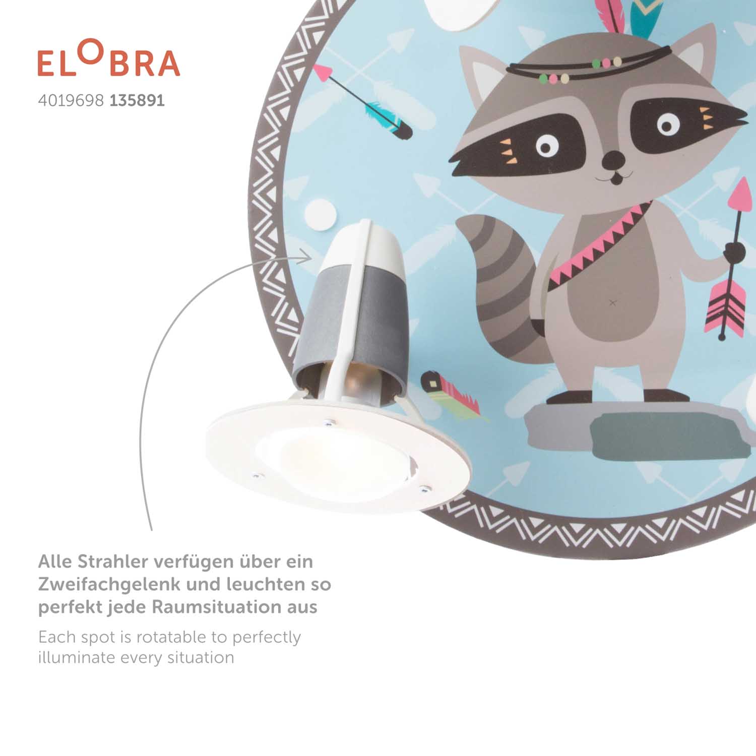 Elobra Little Indians Rondell Oskar Deckenleuchte Waschbär 3er Spot