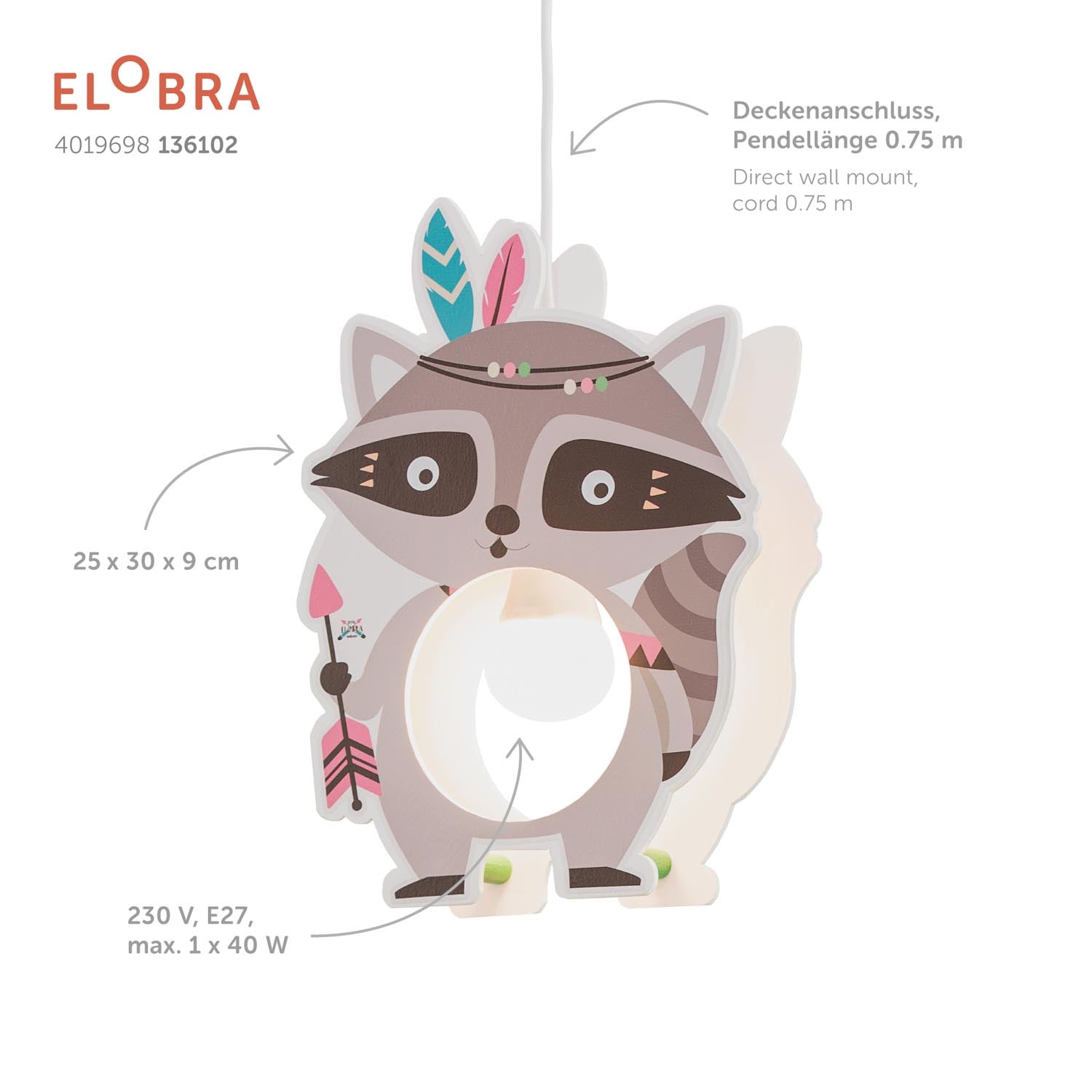 Elobra Kids Little Indians Oskar Pendelleuchte Grau E27
