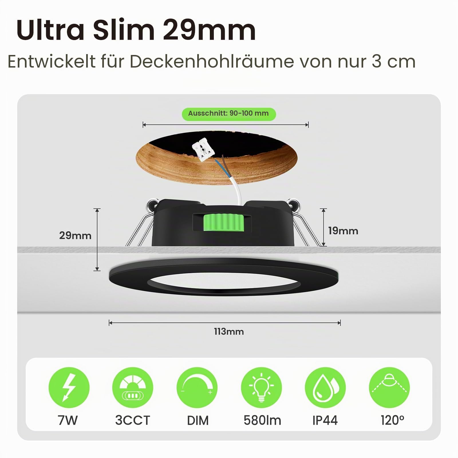 Alusso Recessed Einbaustrahler 7W Schwarz 6 Stück dimmbar