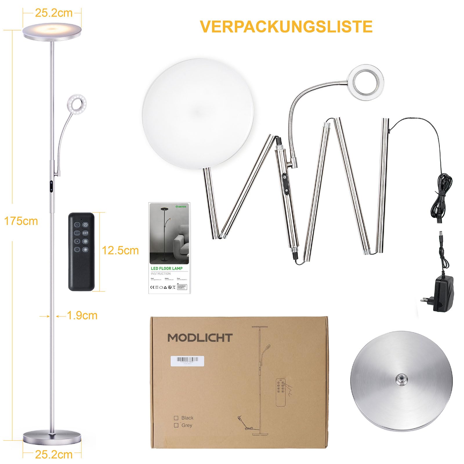 Modlicht Stehlampe LED 35W Silber dimmbar mit Leselampe
