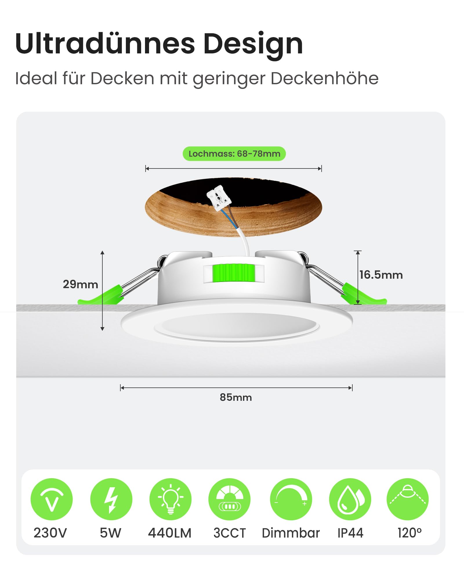 ALUSSO Einbaustrahler LED 68-78mm 5W 10er Set dimmbar 3CCT