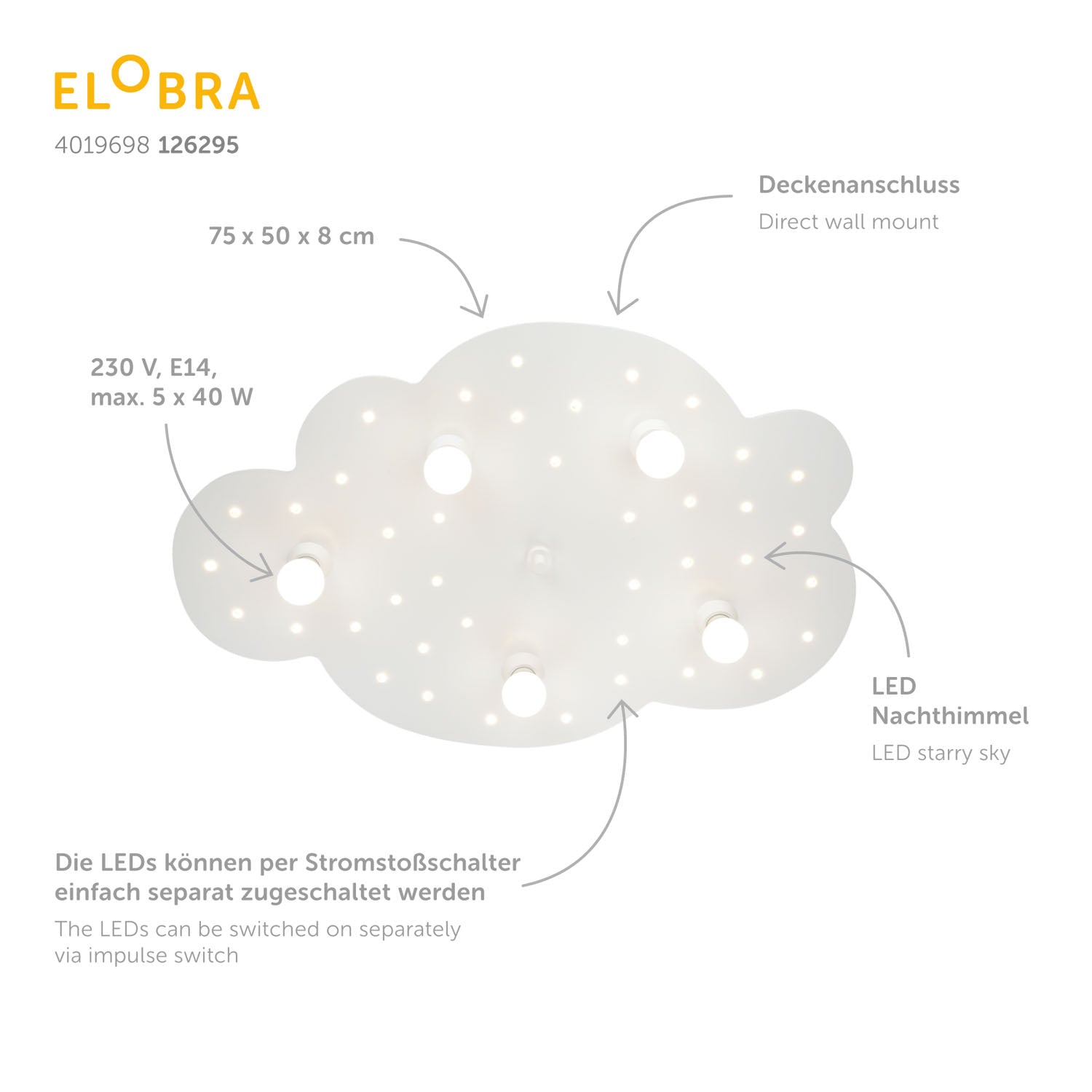 Elobra Kids Wolke M Deckenleuchte Holz Schlummerlicht LEDs