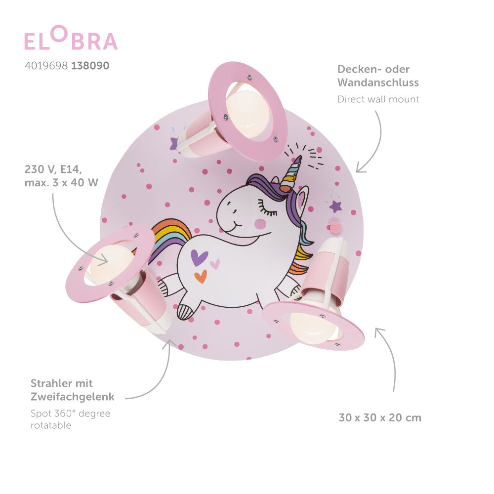 Elobra Babsy Einhorn 3er Spot Rondell rosa E14
