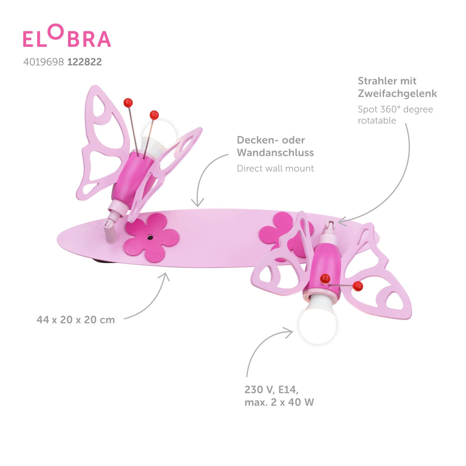 Elobra Living Falter Leiste Wandleuchte Schmetterling Holz