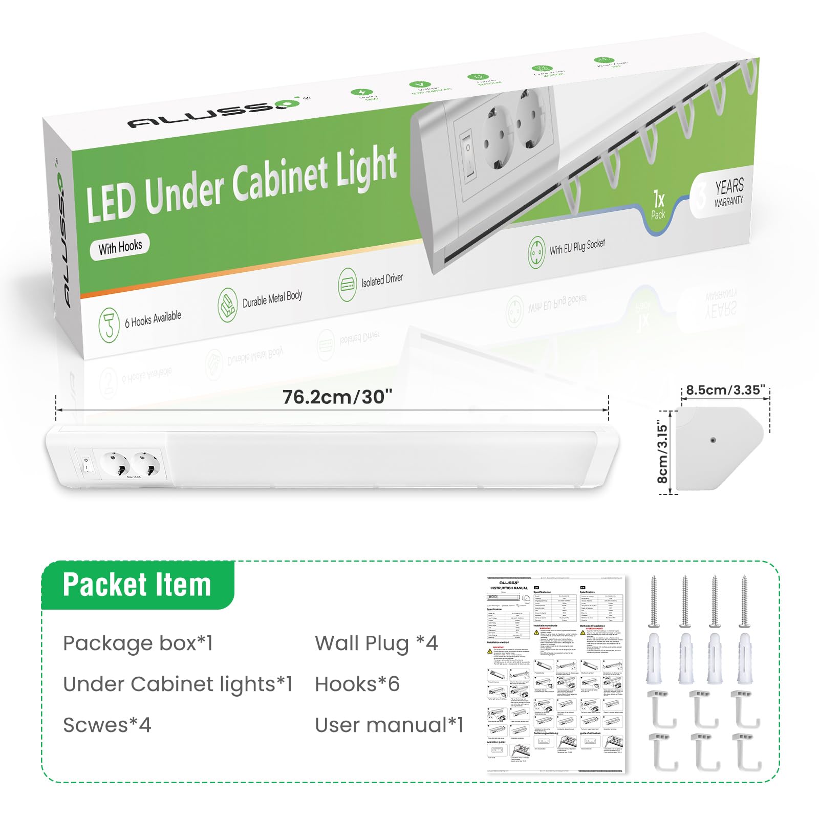 Alusso Cabinet Light Unterbauleuchte 77cm mit 2 Steckdosen 4000K