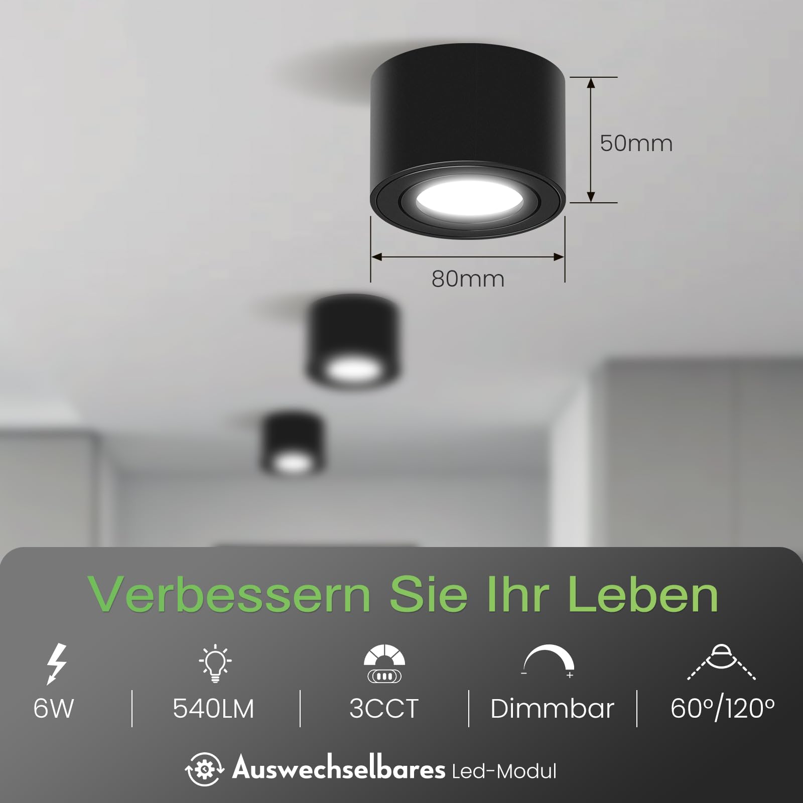 Alusso Recessed Ceiling Light Aufbauspot 6W Schwarz 6er Pack 3CCT