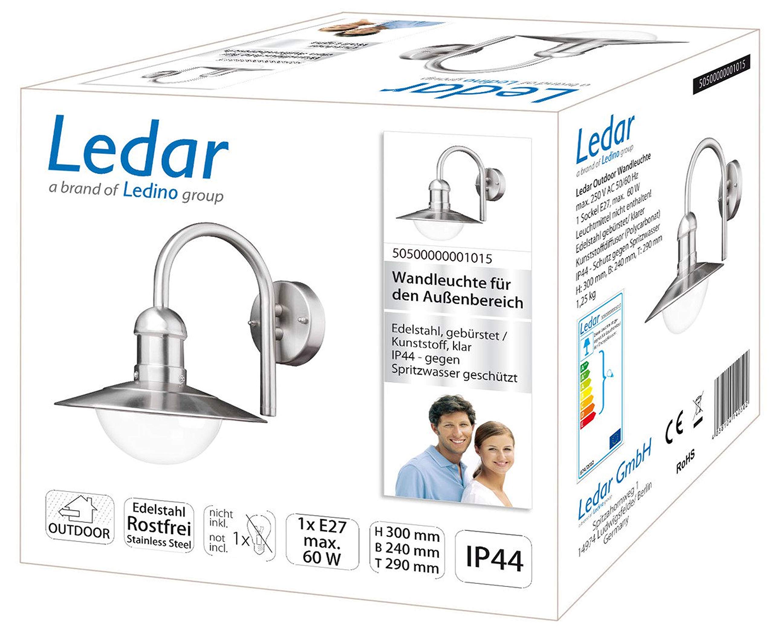 Ledino Ledar Wandleuchte Hof E27 Edelstahl IP44 Outdoor