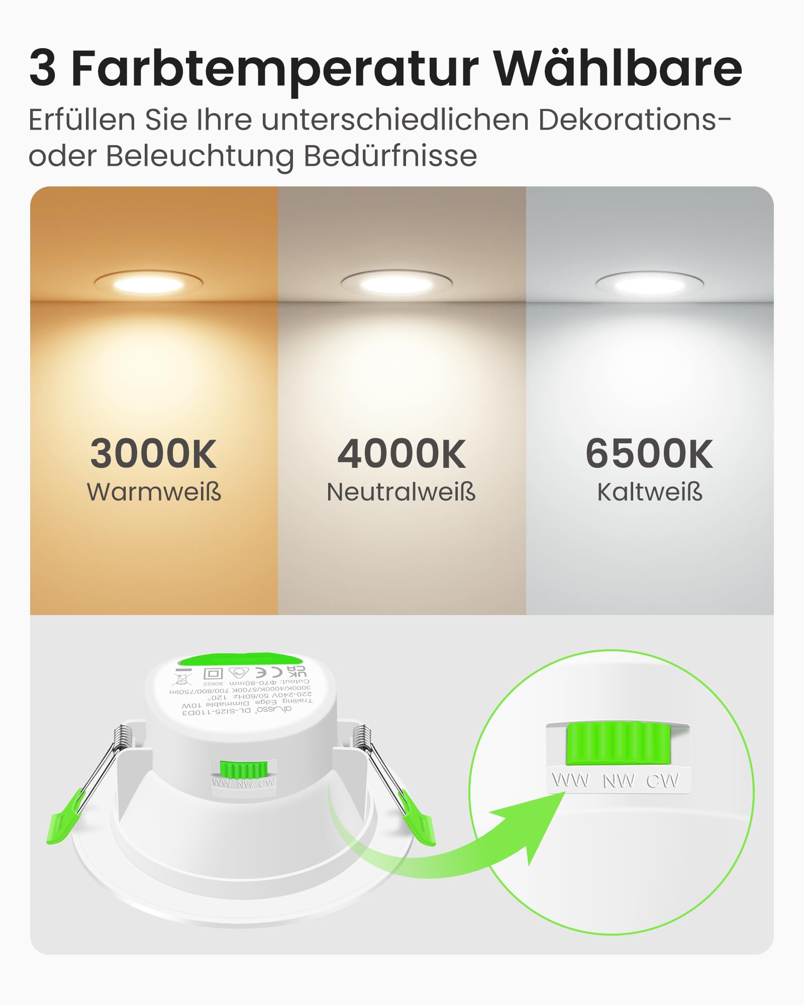 Alusso Einbaustrahler LED 10W IP65 dimmbar 6er Set 3 Lichtfarben