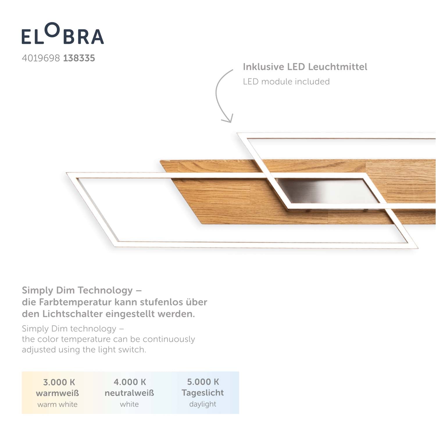 Elobra Living Panama XL Deckenleuchte Eiche dimmbar