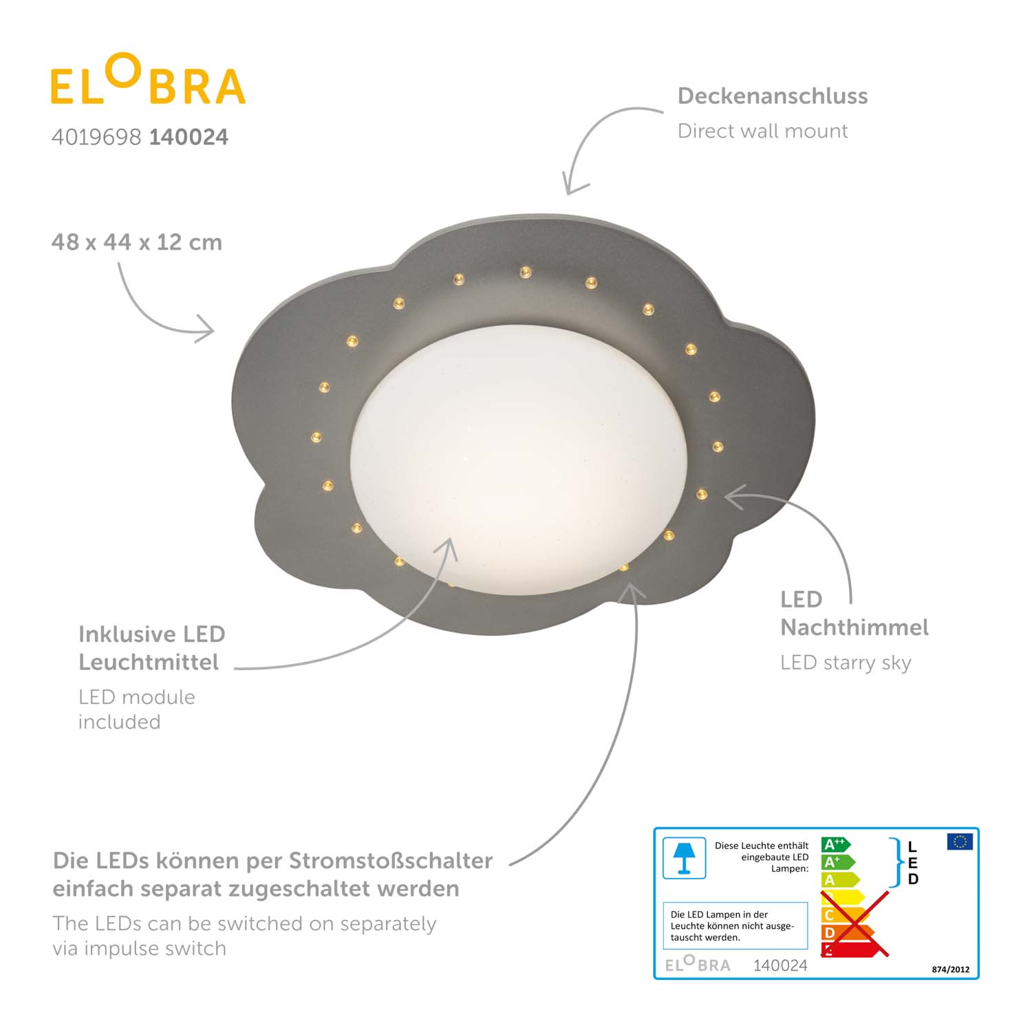Elobra Kids LED Wolke S Deckenleuchte silber 48cm