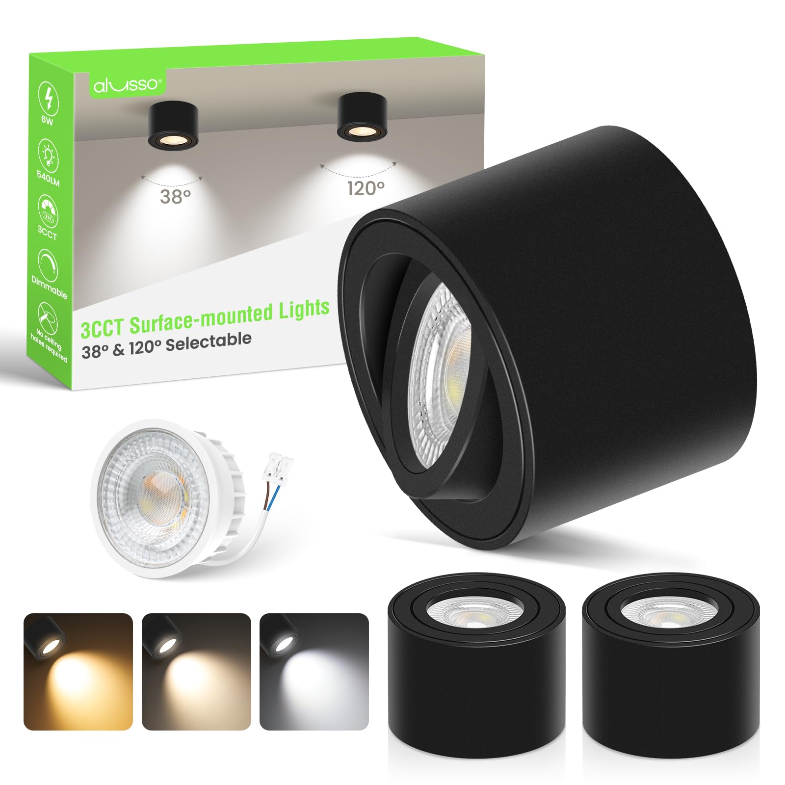 Alusso Aufbauspot 6W LED Deckenspots 3er-Pack schwarz