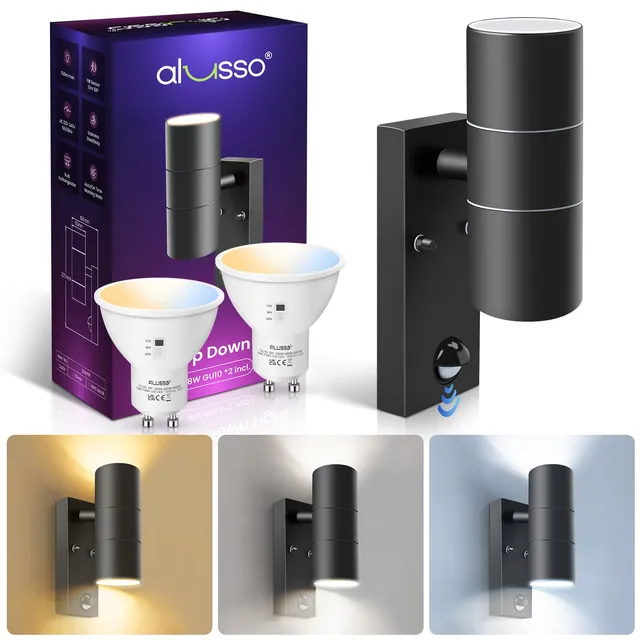 Alusso Security Light Außenwandleuchte Sensor schwarz 2x8W