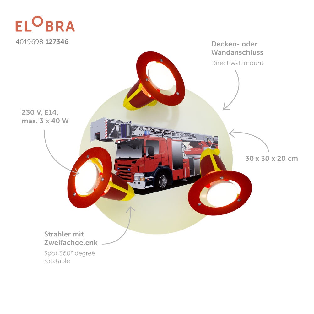 Elobra Kids 3er Spot Rondell Feuerwehrauto Rot-Gelb
