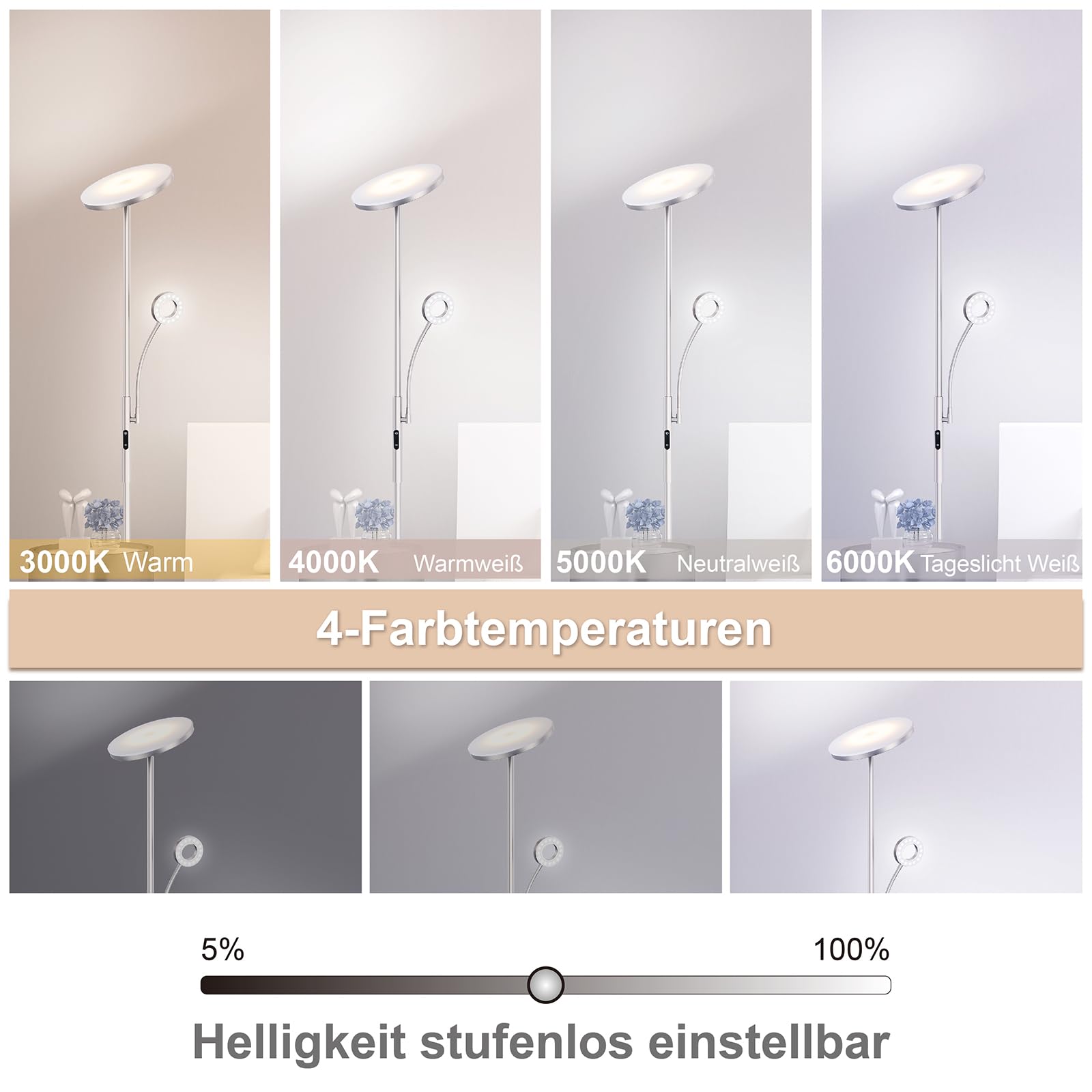 Modlicht Stehlampe LED 35W Silber dimmbar mit Leselampe
