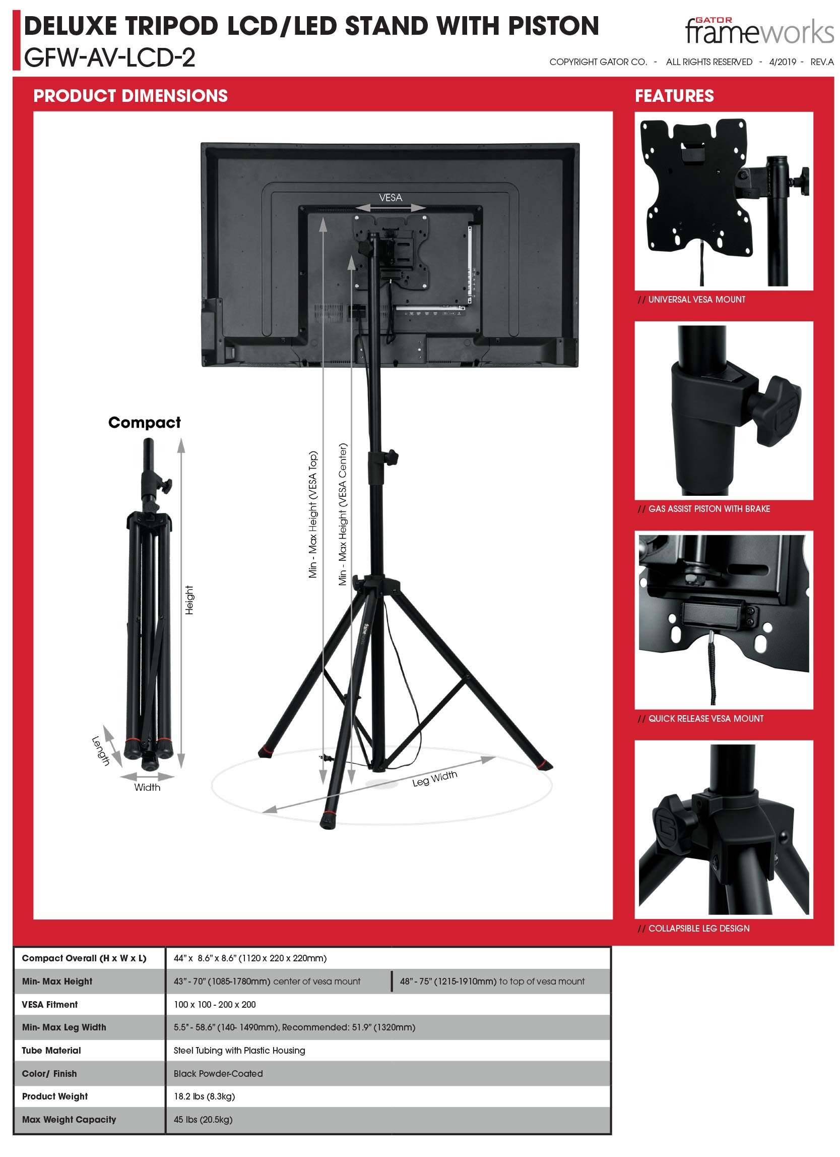 Gator Frameworks GFW-AV-LCD-2 TV-Ständer bis 48 Zoll VESA