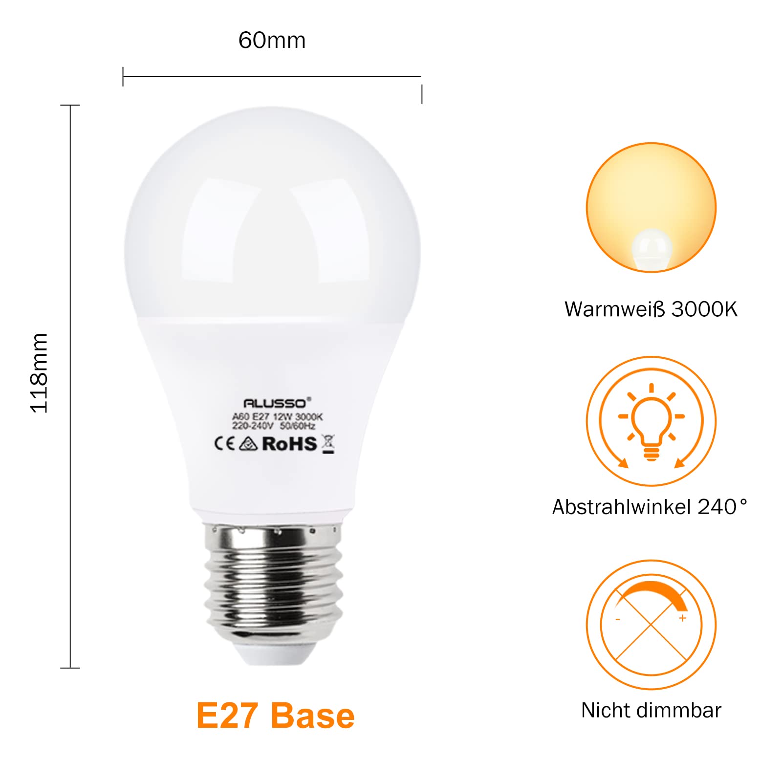 Alusso Bulb E27 LED Glühbirne 12W Warmweiß 3000K 10er-Pack