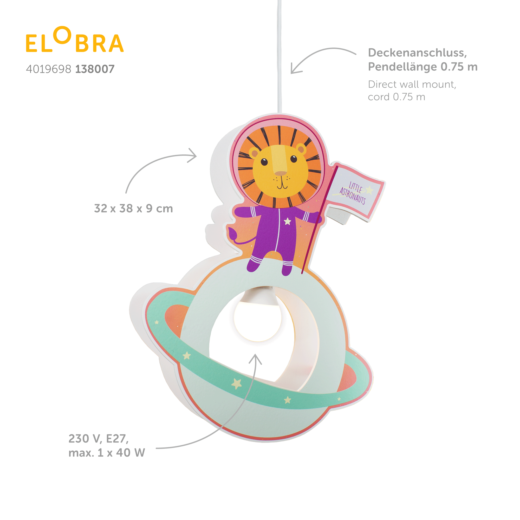 Elobra Little Astronauts Löwe Pendelleuchte Holz lila-mint