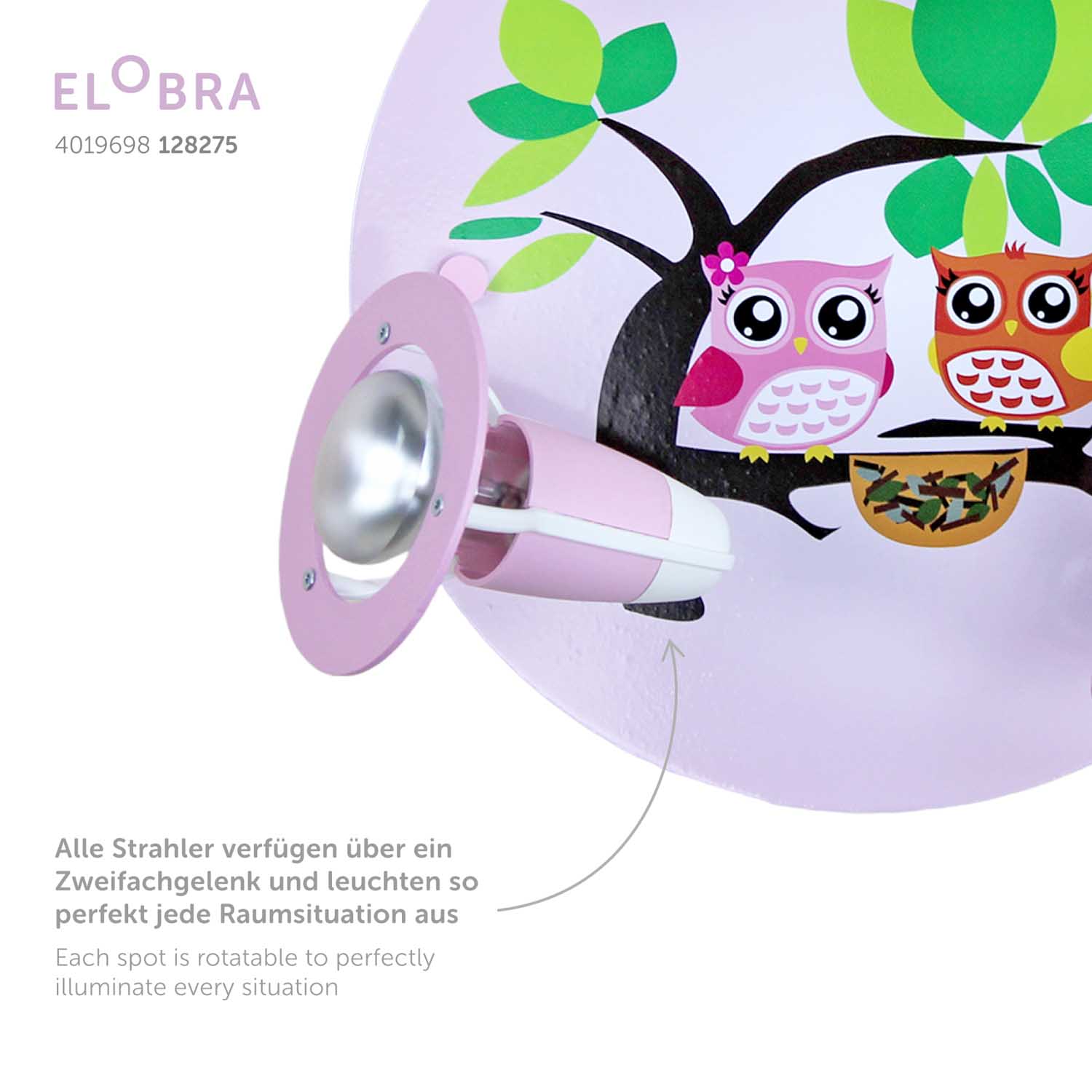 Elobra Eulenfamilie Deckenleuchte rosa 3er Spot