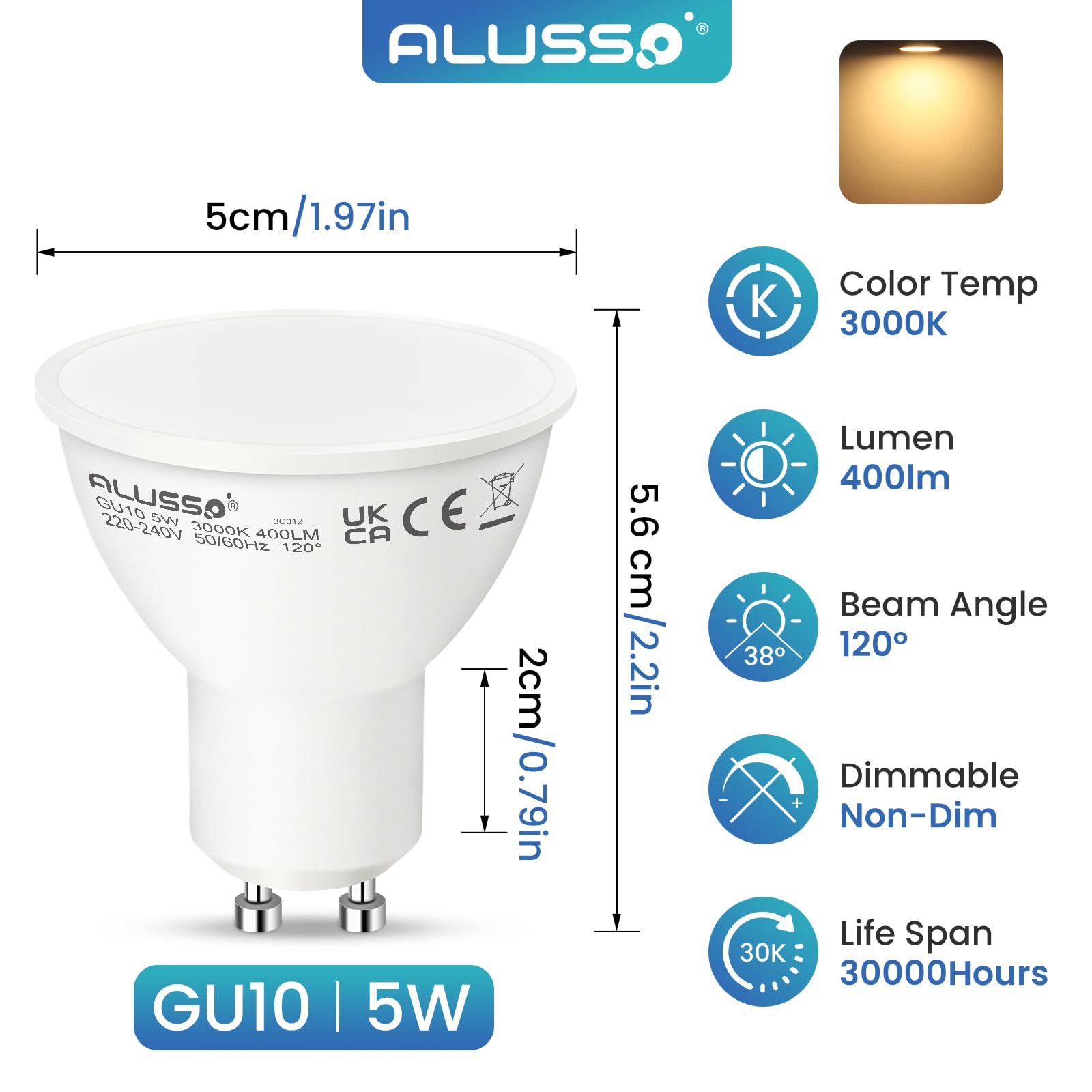 Alusso Bulb GU10 LED 5W Leuchtmittel Warmweiß 4er